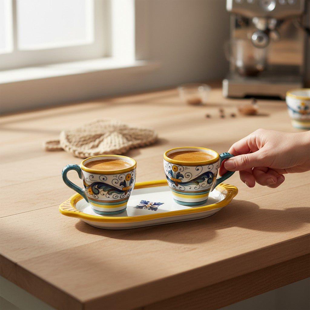 DERUTA ESPRESSO SET: Oblong Tray with two Espresso cups - RICCO DERUTA Design