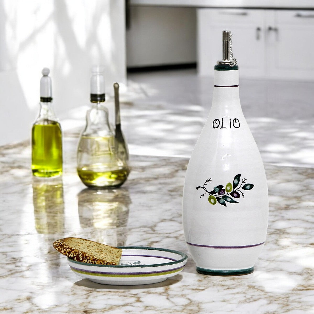OLIVA: Olive Oil Slim Bottle Dispenser with matching Dipping Bowl/Tray