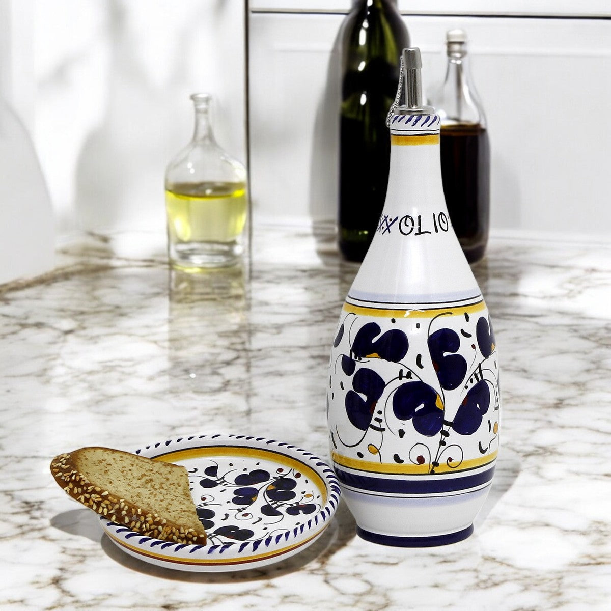 ORVIETO BLUE ROOSTER: Olive Oil Bottle Dispenser with Dipping Bowl/Tray (Copy)