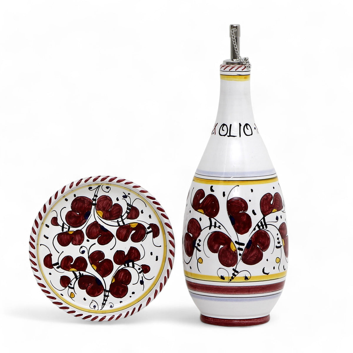GIFT BOX: With Deruta Olive Oil Dispenser + Saucer/Dipping Bowl + EVOO bottle - ORVIETO RED  design