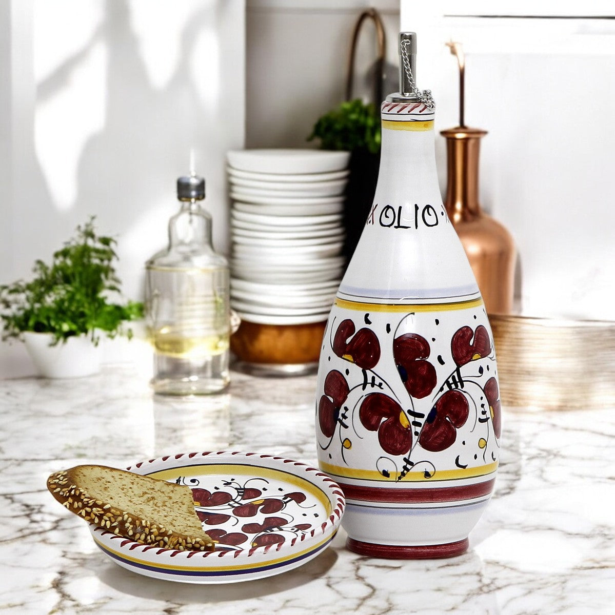 GIFT BOX: With Deruta Olive Oil Dispenser + Saucer/Dipping Bowl + EVOO bottle - ORVIETO RED  design