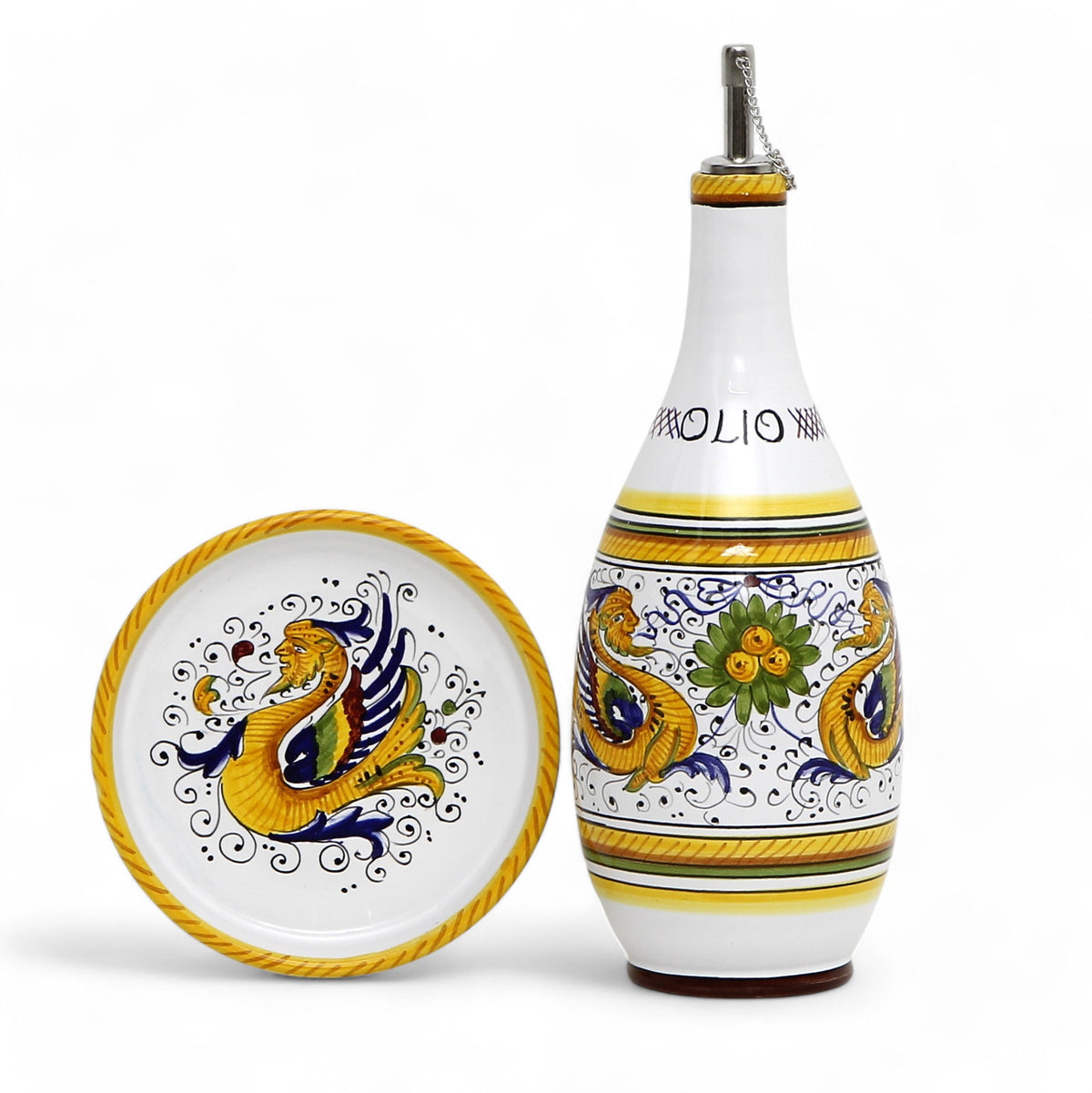 GIFT BOX: With Deruta Olive Oil Dispenser + Saucer/Dipping Bowl + EVOO bottle - RAFFAELLESCO design