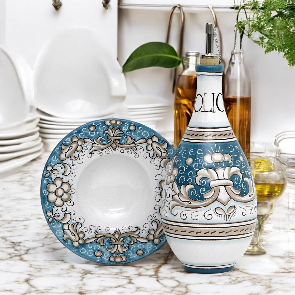 DERUTA COLORI: Traditional Olive Oil Bottle with pourer AQUA/TEAL Color