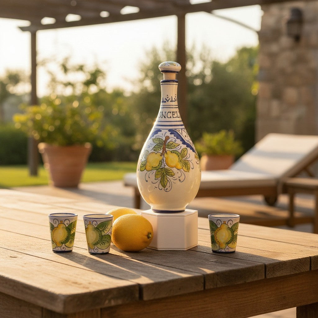 LIMONCELLO: Limoncello Set with Blue trimmings - Bottle with stopper and 6 Shot Glasses (Limoncello liquor not included)