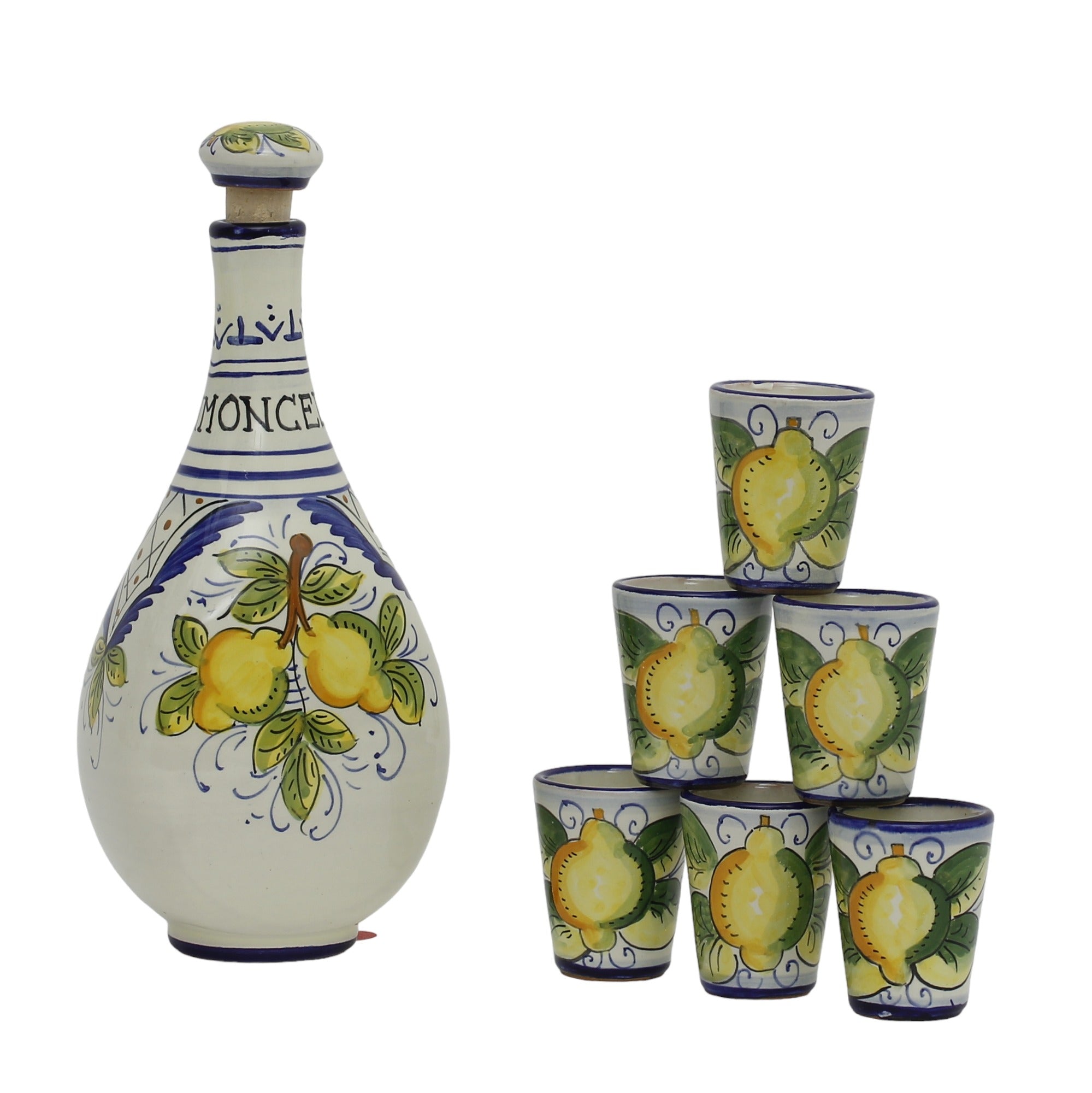 LIMONCELLO: Limoncello Set with Blue trimmings (Bottle with stopper and 6 Shot Glasses)