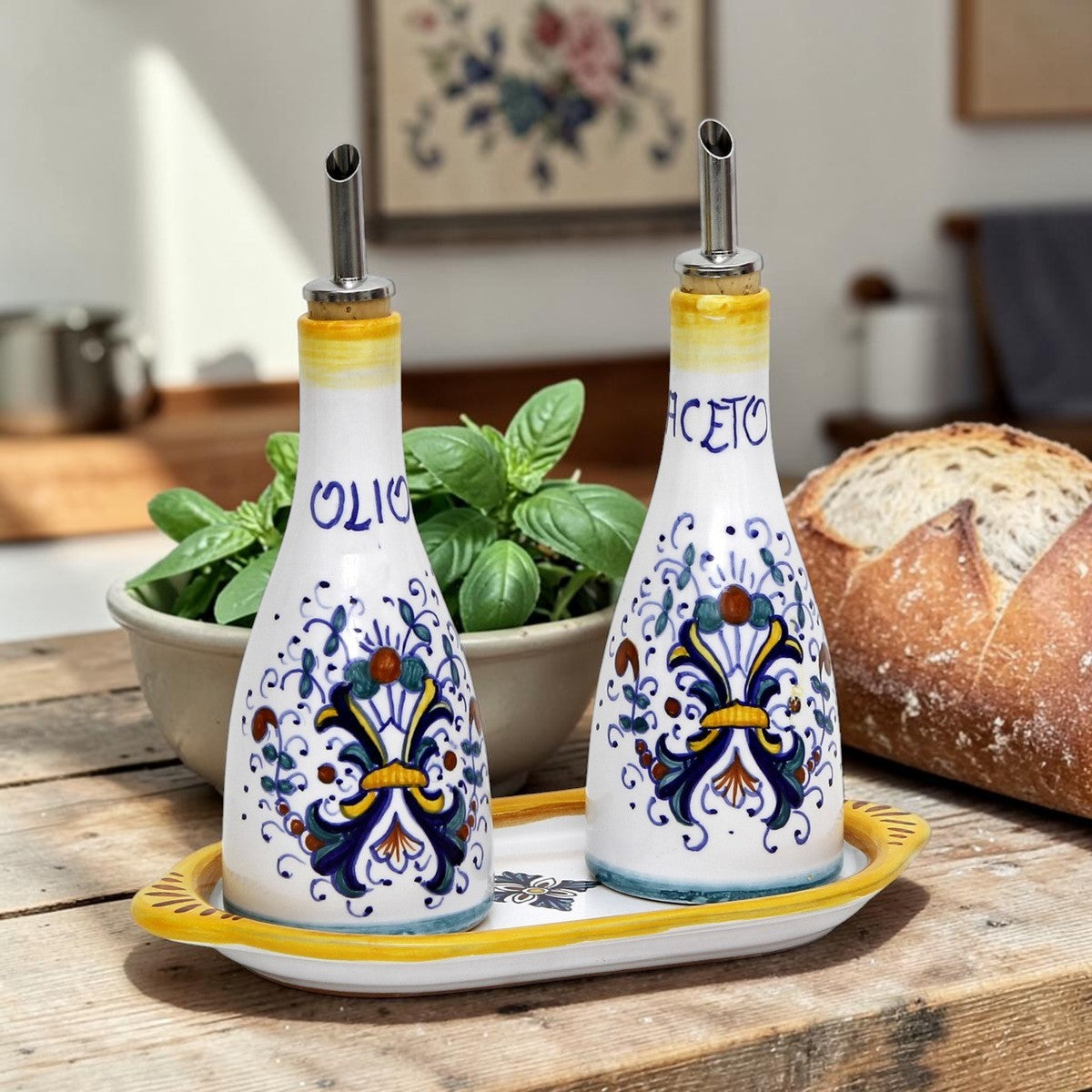 RICCO DERUTA: Olio-Aceto (Vinegar) dispenser bottle Set with Tray (10 Oz.)