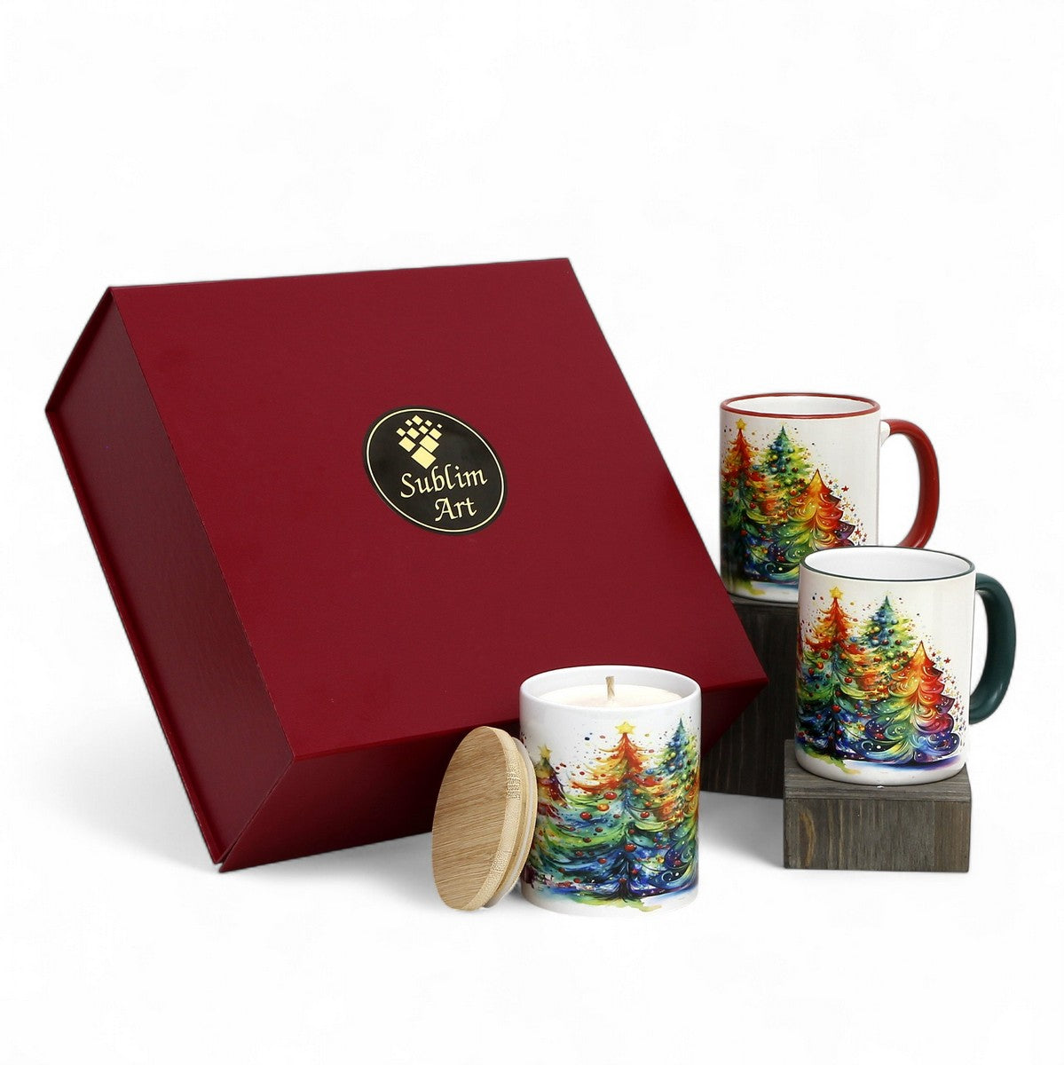 SUBLIMART:  Designer Christmas Ceramic Deluxe Boxed Bundle - 2 Mugs (Red+Green) + 1 Candle