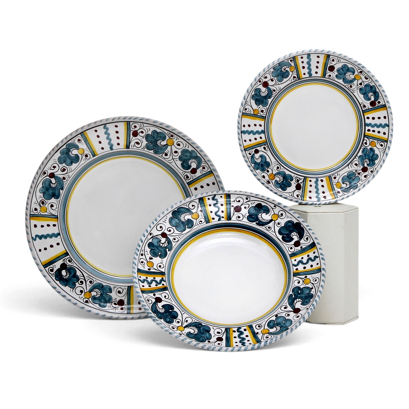 ORVIETO GREEN ROOSTER: 3 Pieces Dinnerware Place Setting - White Center