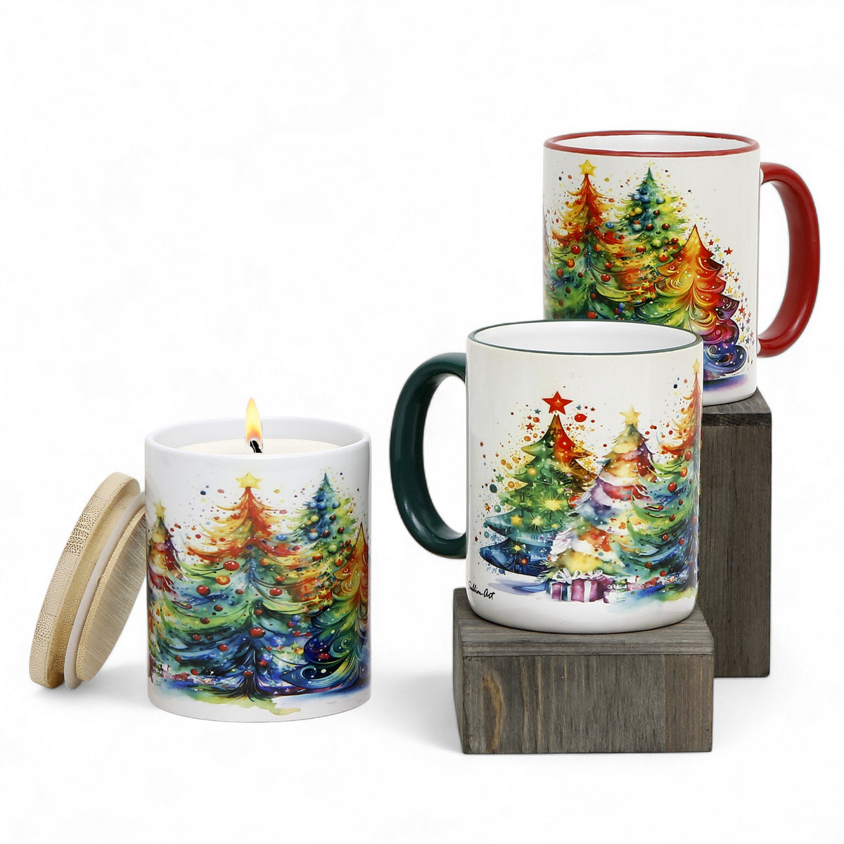 SUBLIMART:  Designer Christmas Ceramic Deluxe Bundle - 2 Mugs (Red+Green) + 1 Candle