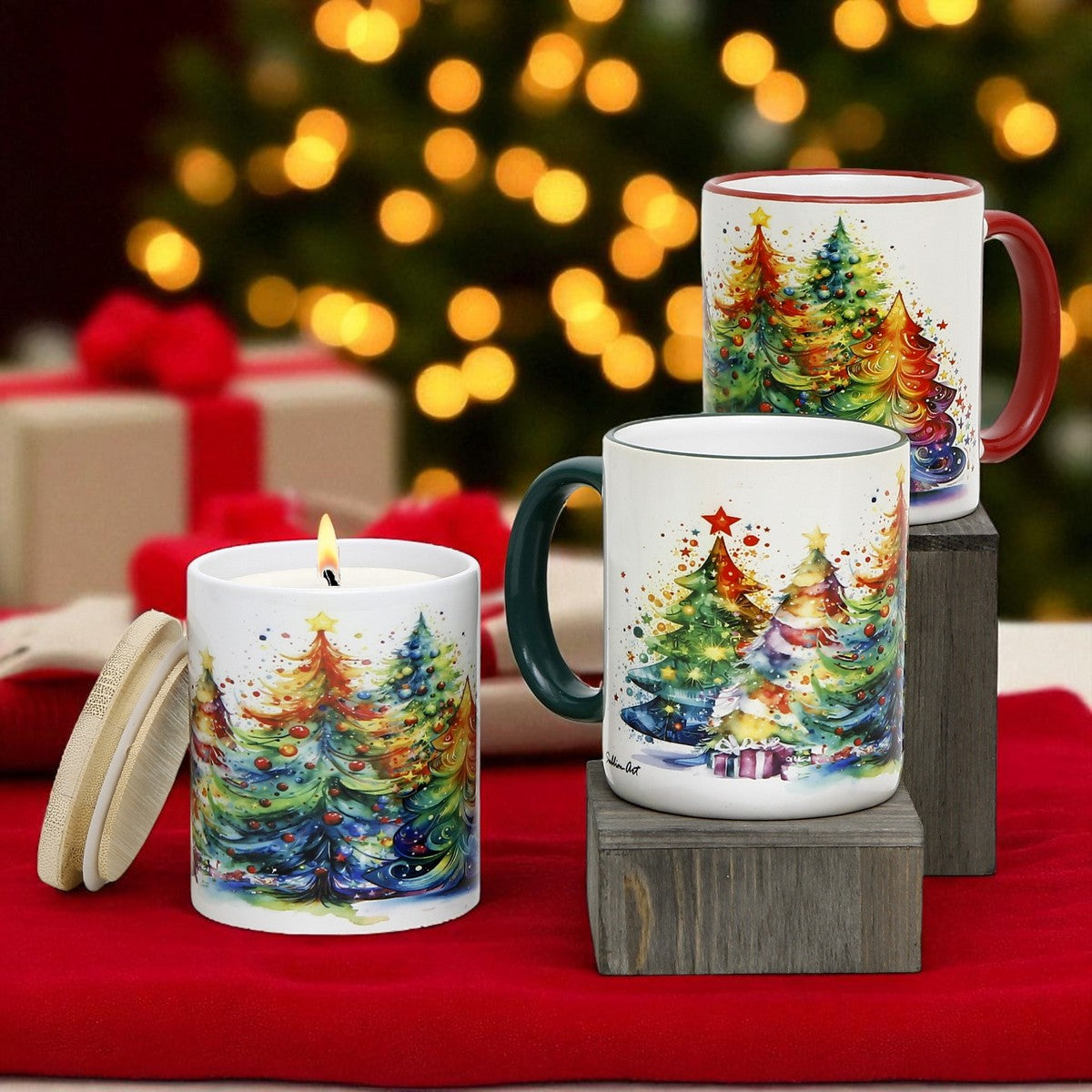 SUBLIMART:  Designer Christmas Ceramic Deluxe Bundle - 2 Mugs (Red+Green) + 1 Candle