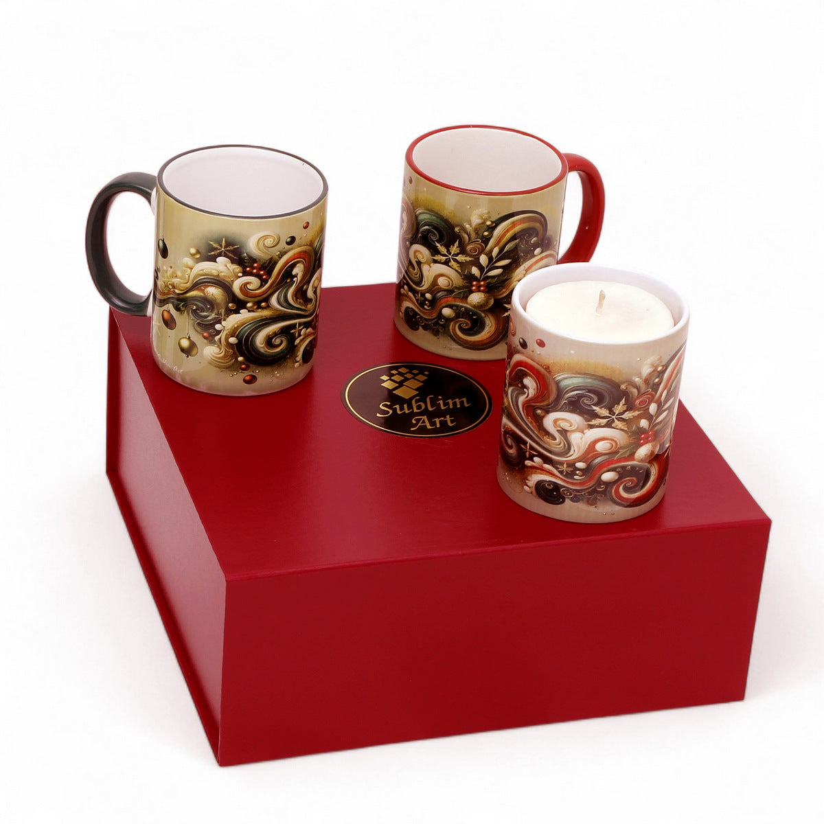 SUBLIMART: Christmas Boxed Bundle - 2 Mugs (Red+Green) + 1 Candle – Fluid Wave Design by RC Designs