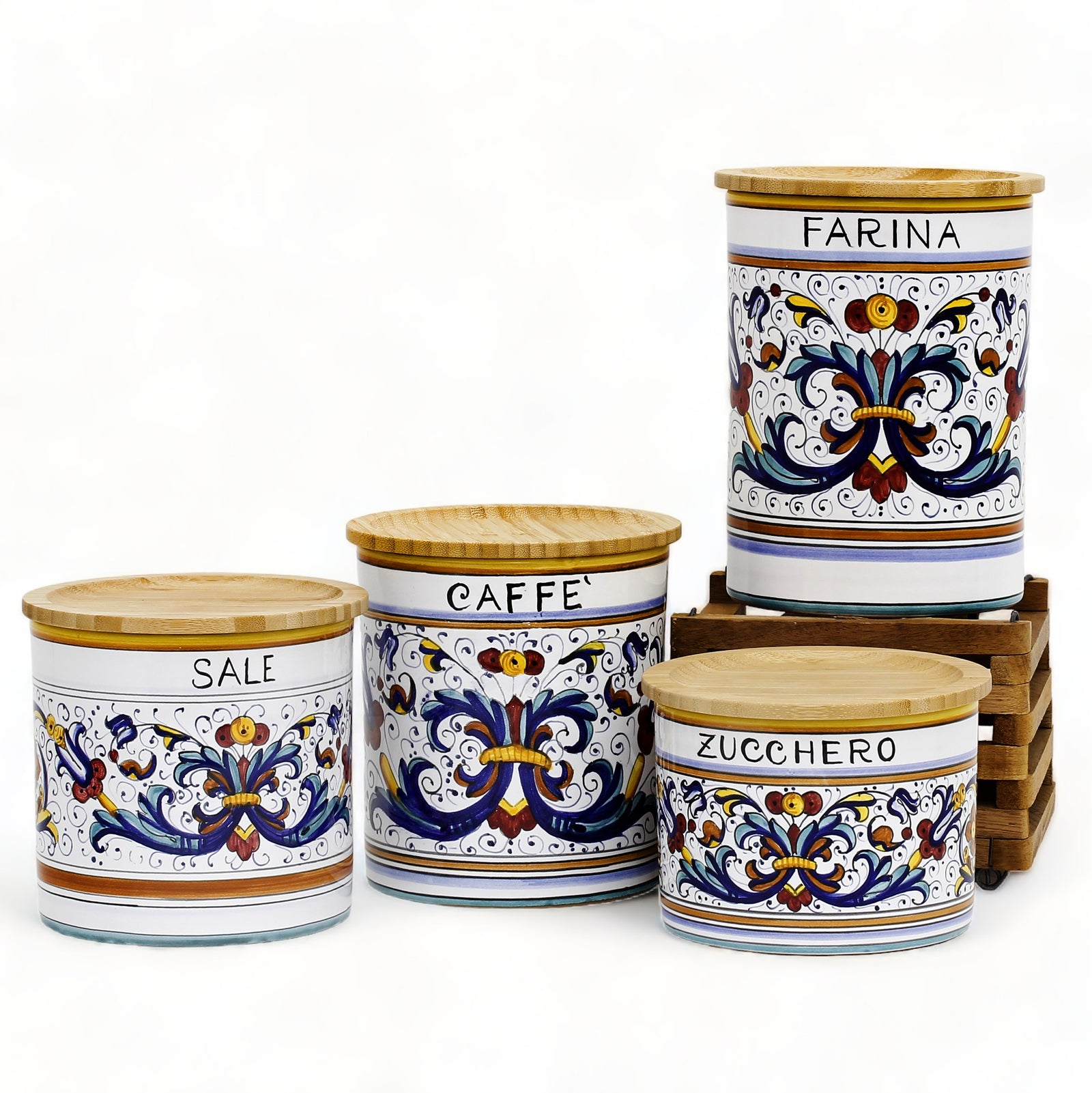 RICCO DERUTA DELUXE: Canister Set with Bamboo Lid - Bundle ZUCCHERO+CAFFE'+SALE+FARINA