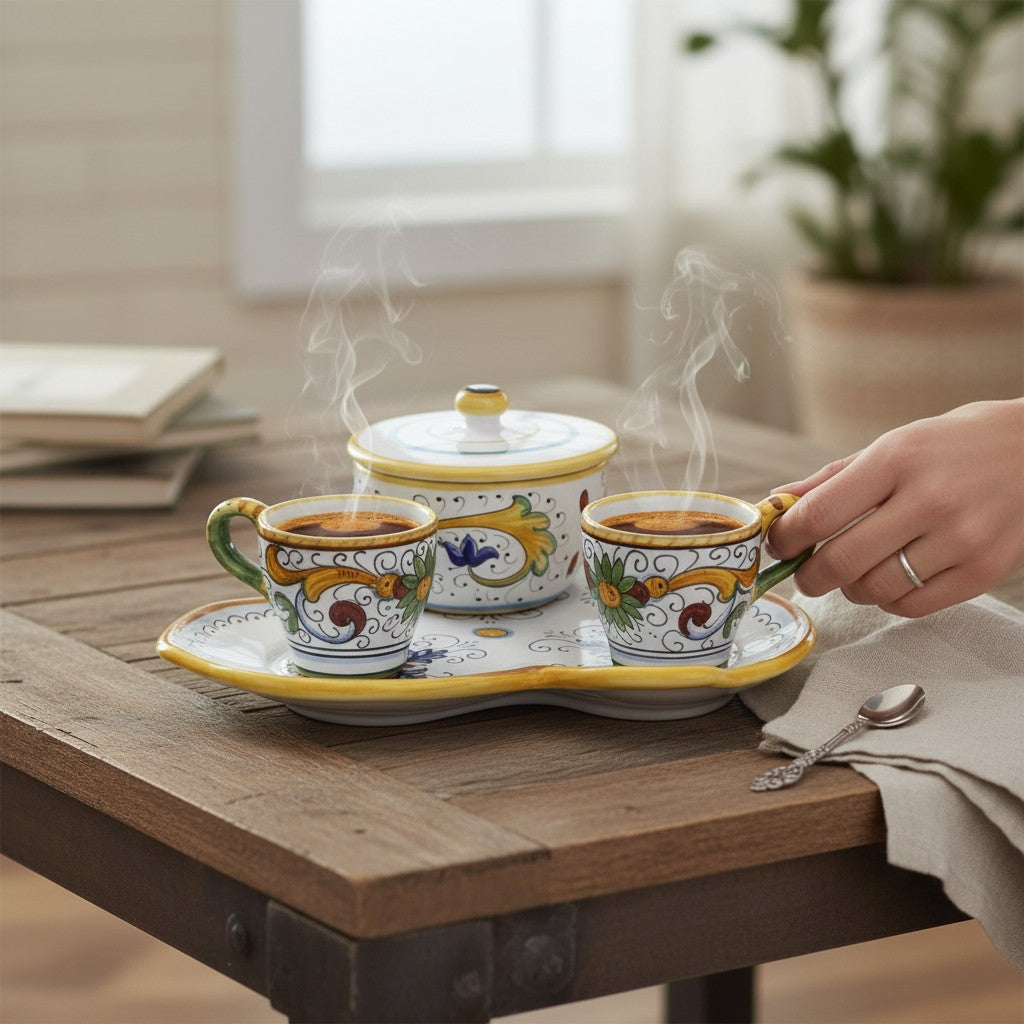 DERUTA ESPRESSO SET: Three Parts Tray with two Espresso cups and Sugar Bowl - RAFFAELLESCO-PERUGINO Design