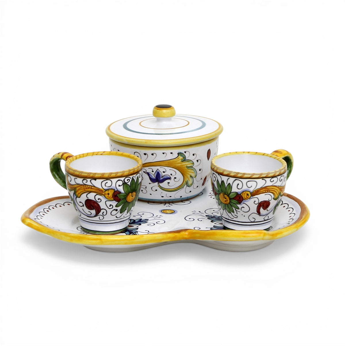 DERUTA ESPRESSO SET: Three Parts Tray with two Espresso cups and Sugar Bowl - RAFFAELLESCO-PERUGINO Design