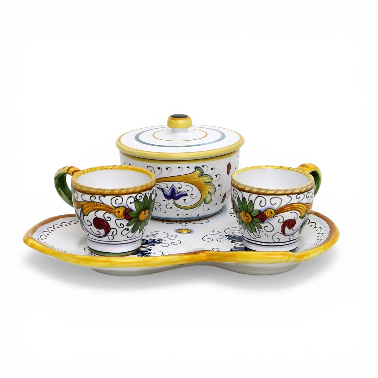 DERUTA ESPRESSO SET: Three Parts Tray with two Espresso cups and Sugar Bowl - RAFFAELLESCO-PERUGINO Design