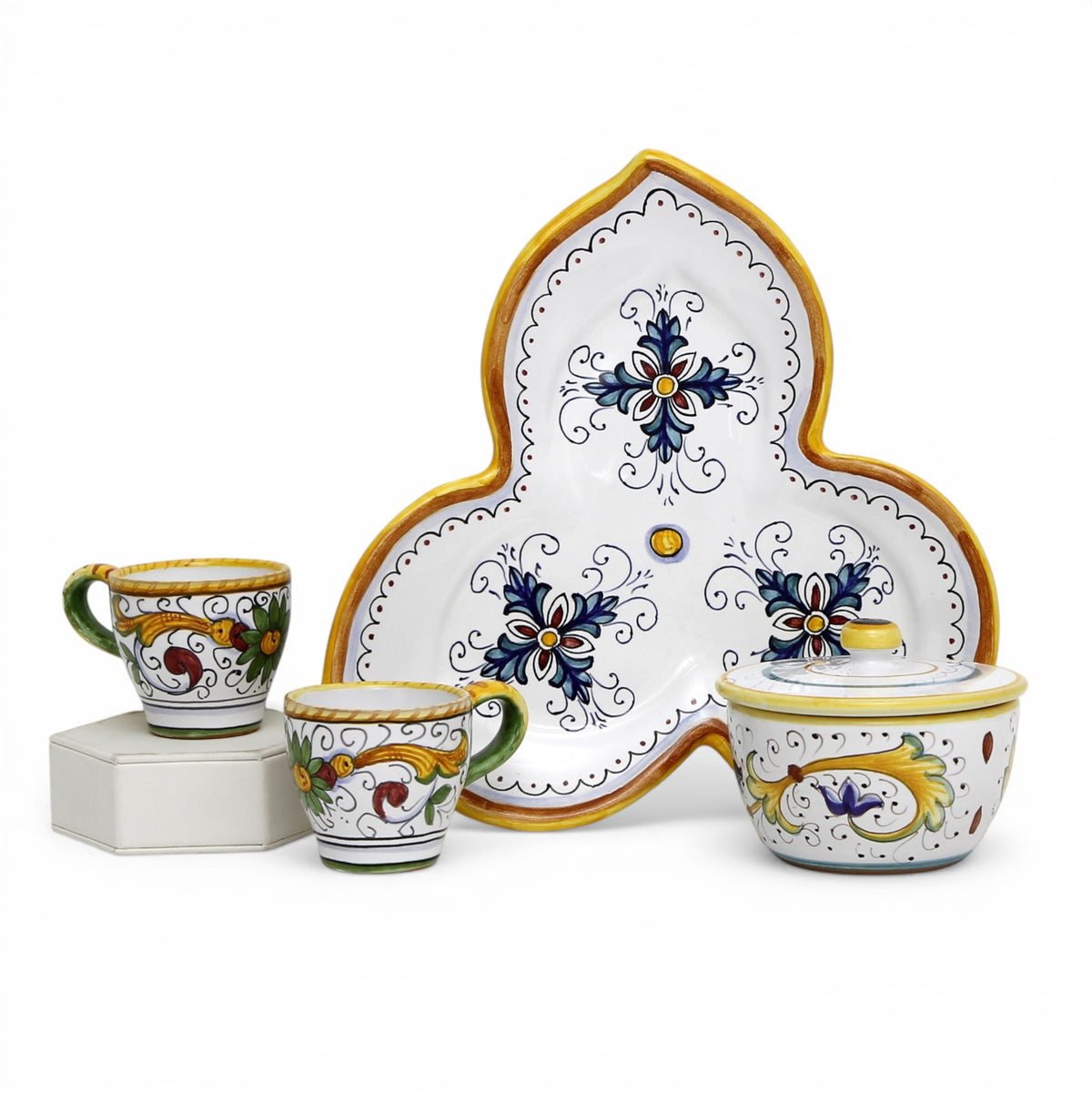 DERUTA ESPRESSO SET: Three Parts Tray with two Espresso cups and Sugar Bowl - RAFFAELLESCO-PERUGINO Design