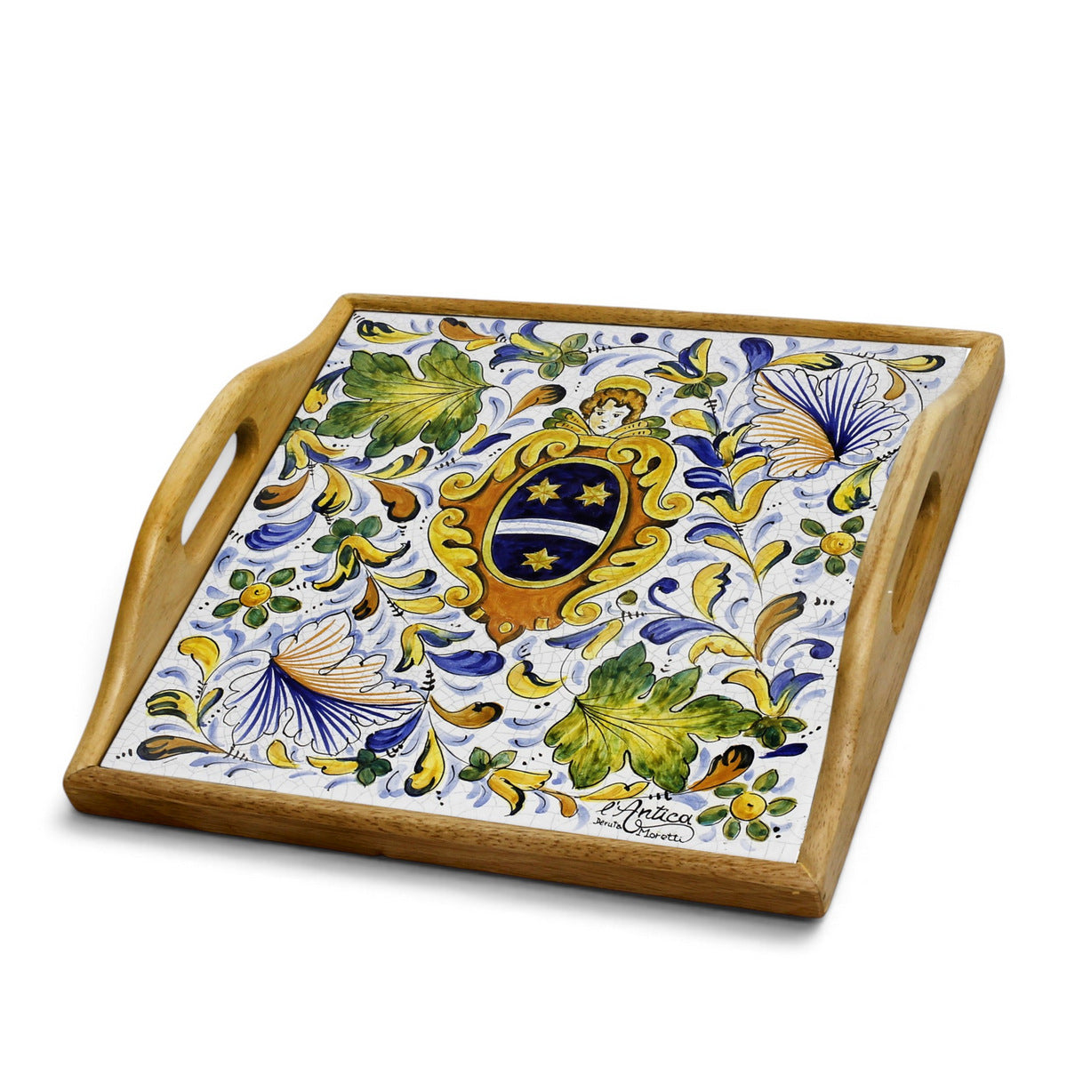 DERUTA ARTE TRAY: Wood Tray with Hand Painted Ceramic Tile Insert [Design AR30]
