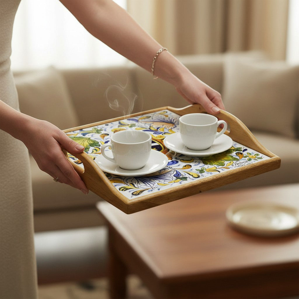 DERUTA ARTE TRAY: Wood Tray with Hand Painted Ceramic Tile Insert [Design AR30]