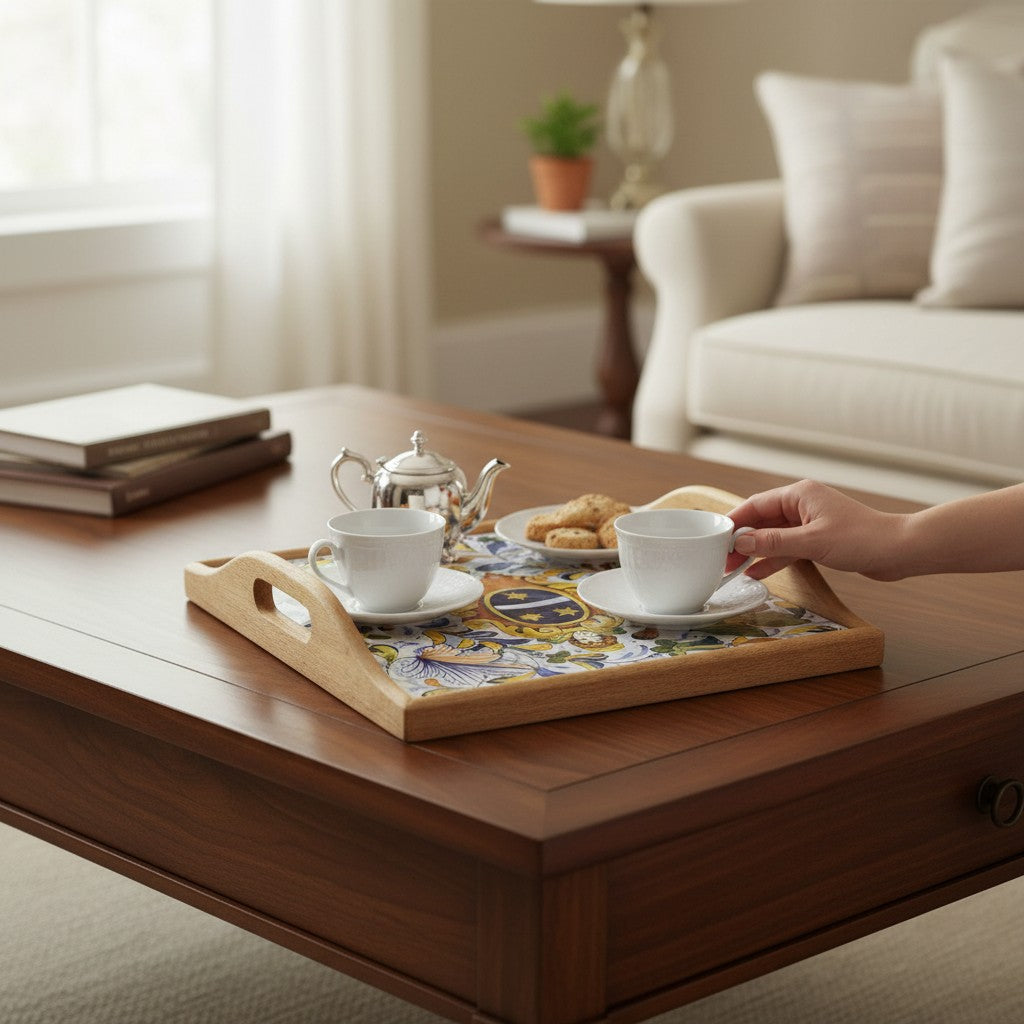 DERUTA ARTE TRAY: Wood Tray with Hand Painted Ceramic Tile Insert [Design AR30]
