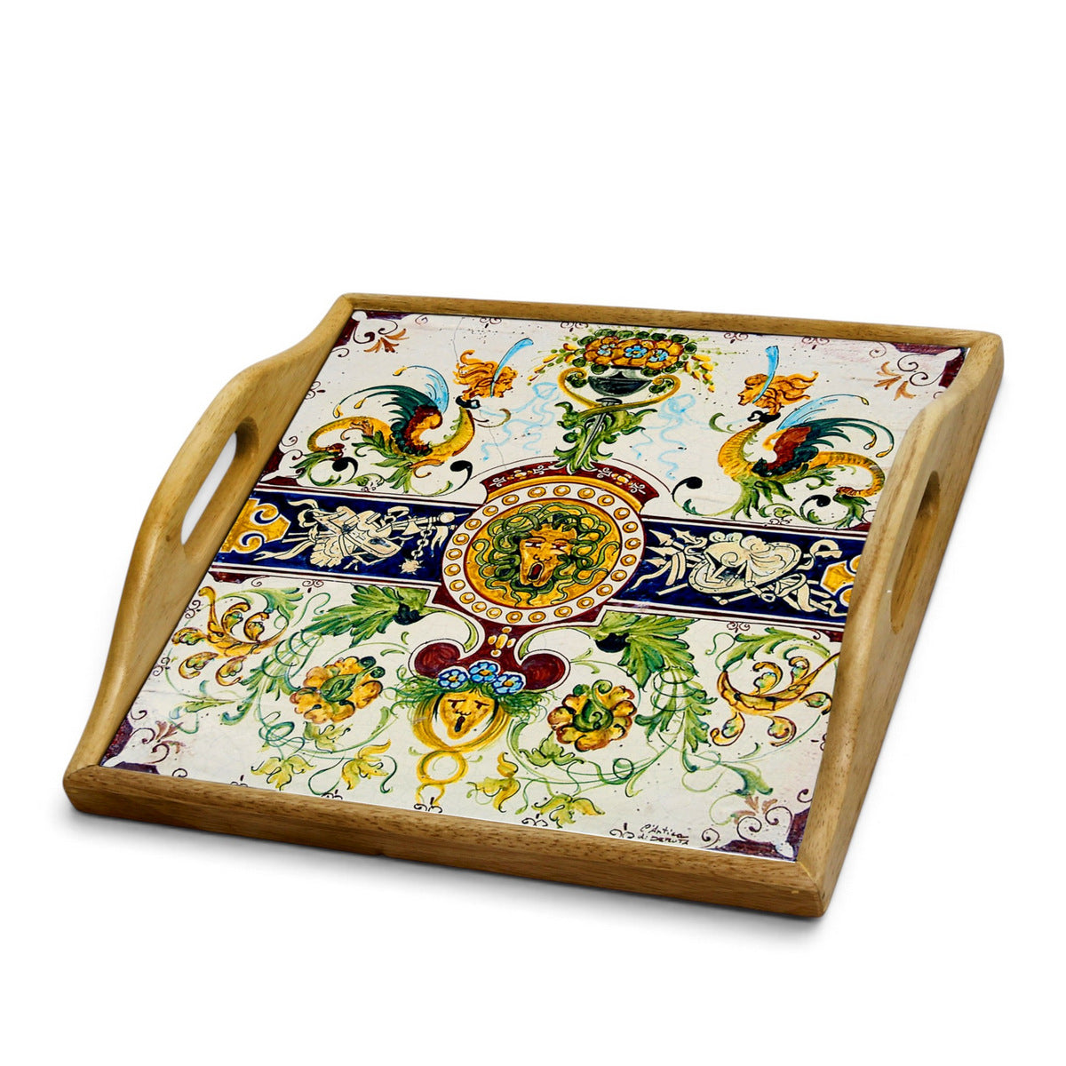 DERUTA ARTE TRAY: Wood Tray with Hand Painted Ceramic Tile Insert [Design AR30]