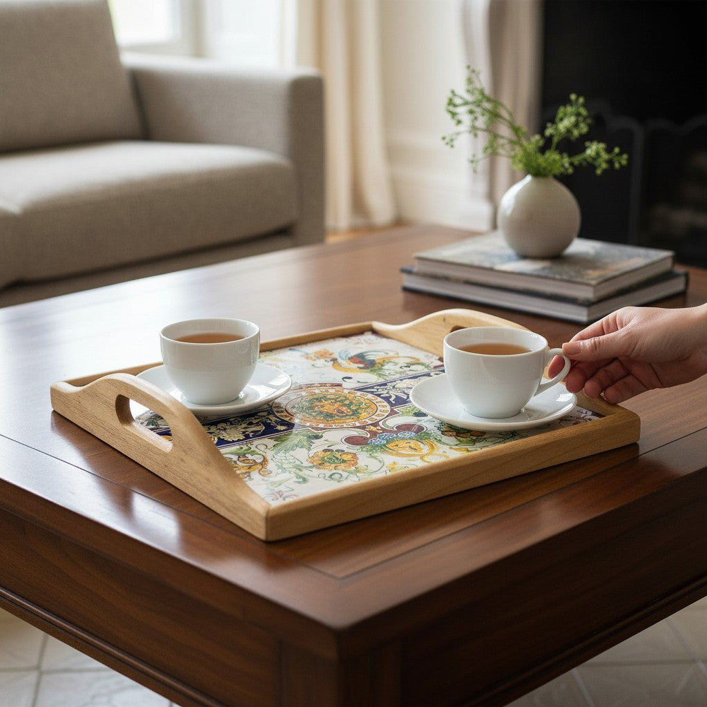 DERUTA ARTE TRAY: Wood Tray with Hand Painted Ceramic Tile Insert [Design AR30]