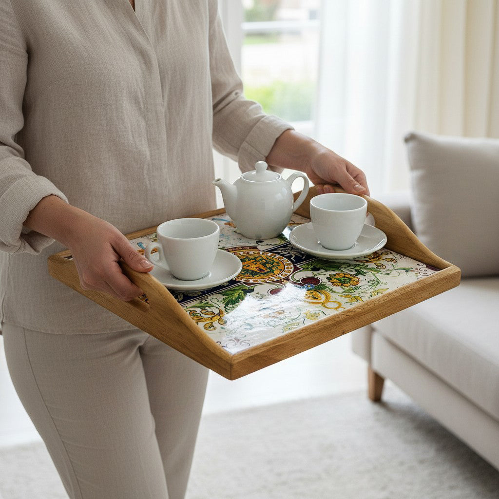 DERUTA ARTE TRAY: Wood Tray with Hand Painted Ceramic Tile Insert [Design AR30]