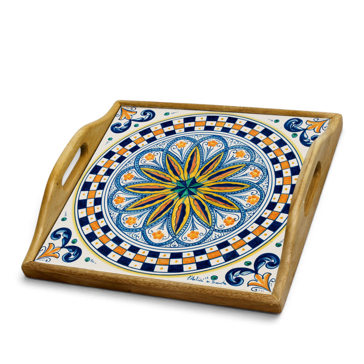 DERUTA ARTE TRAY: Wood Tray with Hand Painted Ceramic Tile Insert [Design DR01]