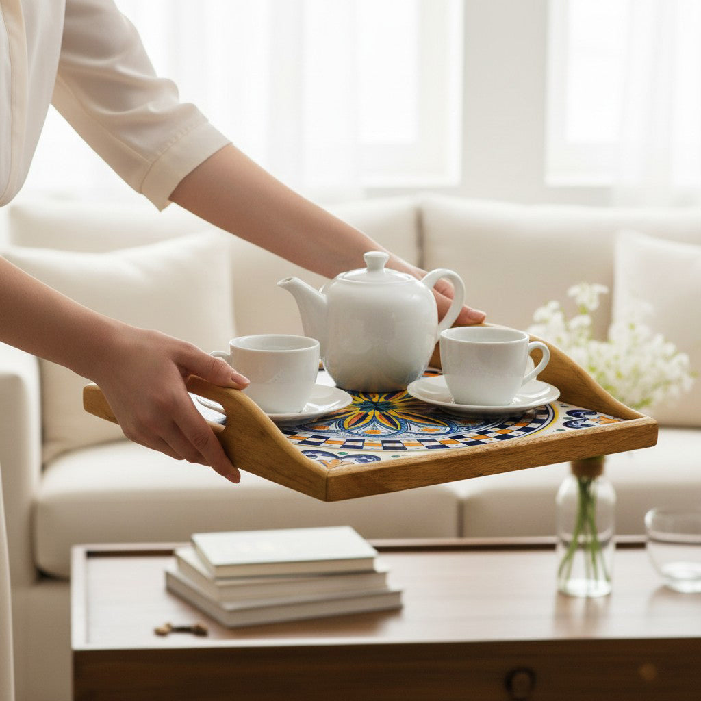 DERUTA ARTE TRAY: Wood Tray with Hand Painted Ceramic Tile Insert [Design DR01]