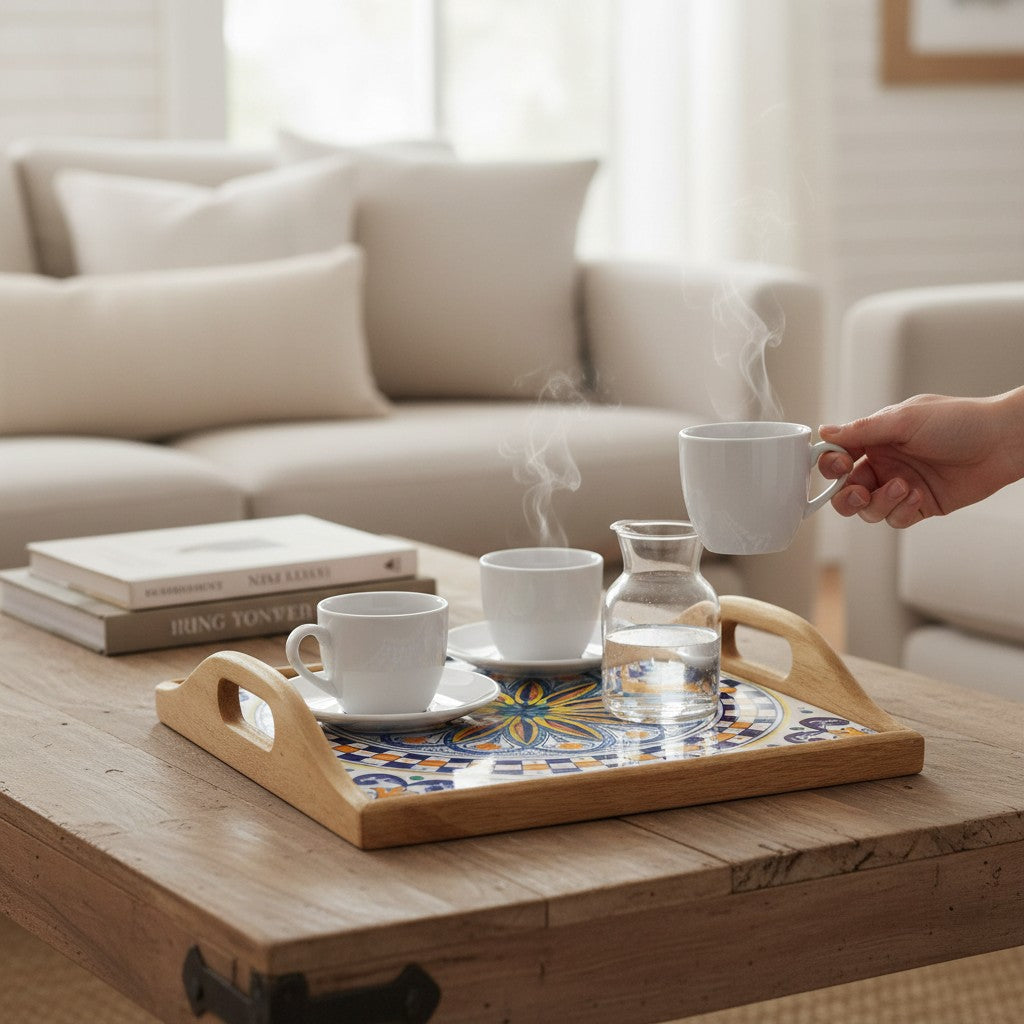 DERUTA ARTE TRAY: Wood Tray with Hand Painted Ceramic Tile Insert [Design DR01]