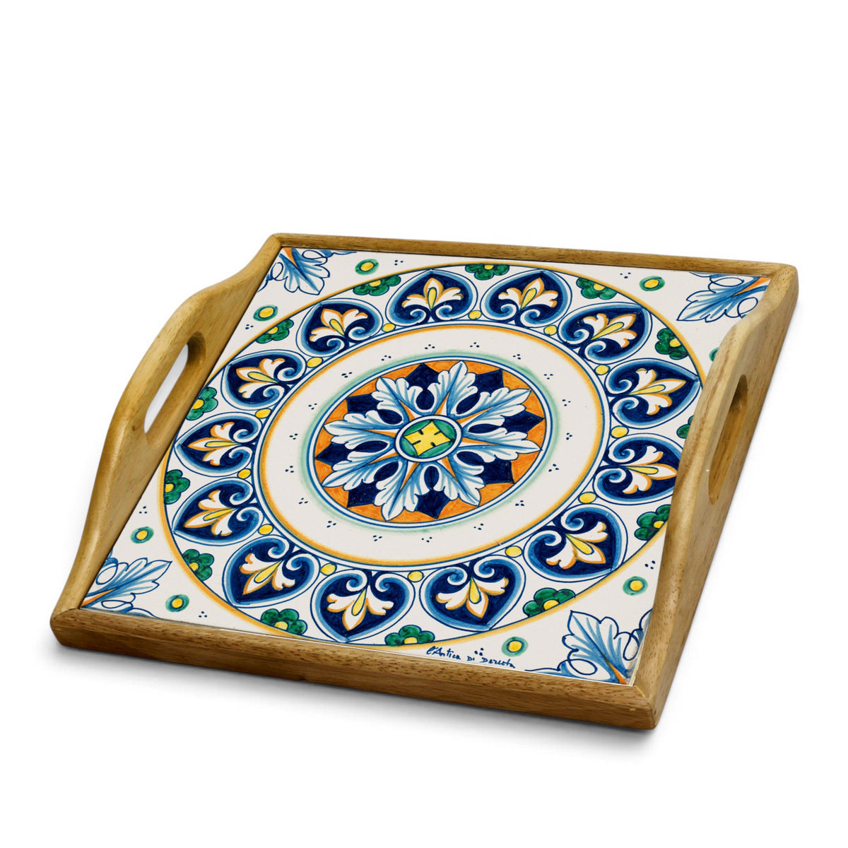 DERUTA ARTE TRAY: Wood Tray with Hand Painted Ceramic Tile Insert [Design DR06]