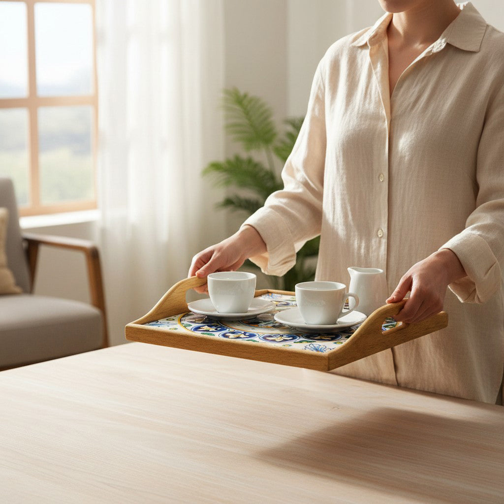 DERUTA ARTE TRAY: Wood Tray with Hand Painted Ceramic Tile Insert [Design DR06]