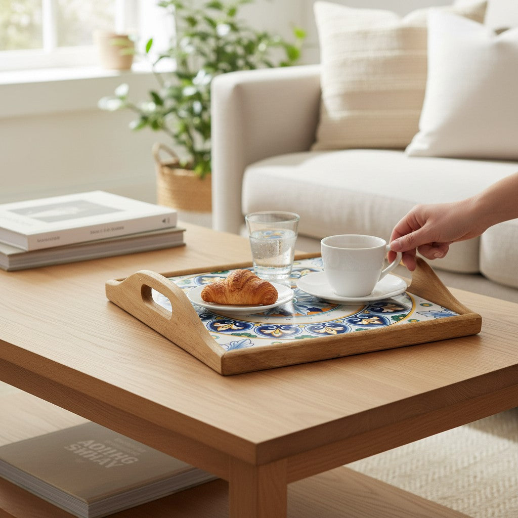 DERUTA ARTE TRAY: Wood Tray with Hand Painted Ceramic Tile Insert [Design DR06]
