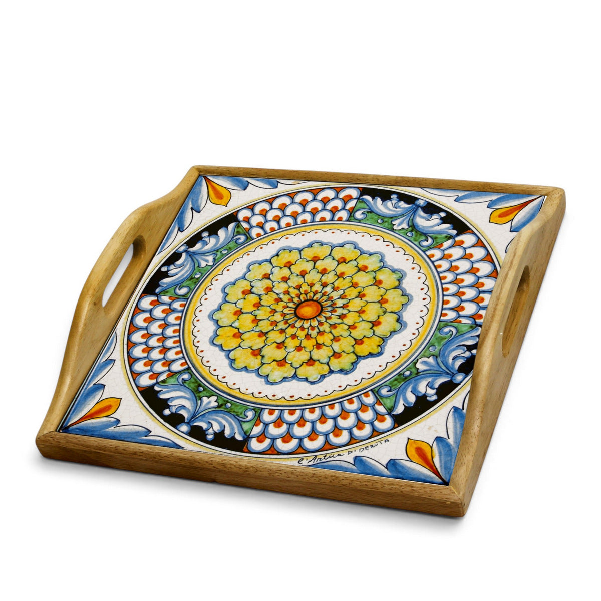 DERUTA ARTE TRAY: Wood Tray with Hand Painted Ceramic Tile Insert [Design DR10]