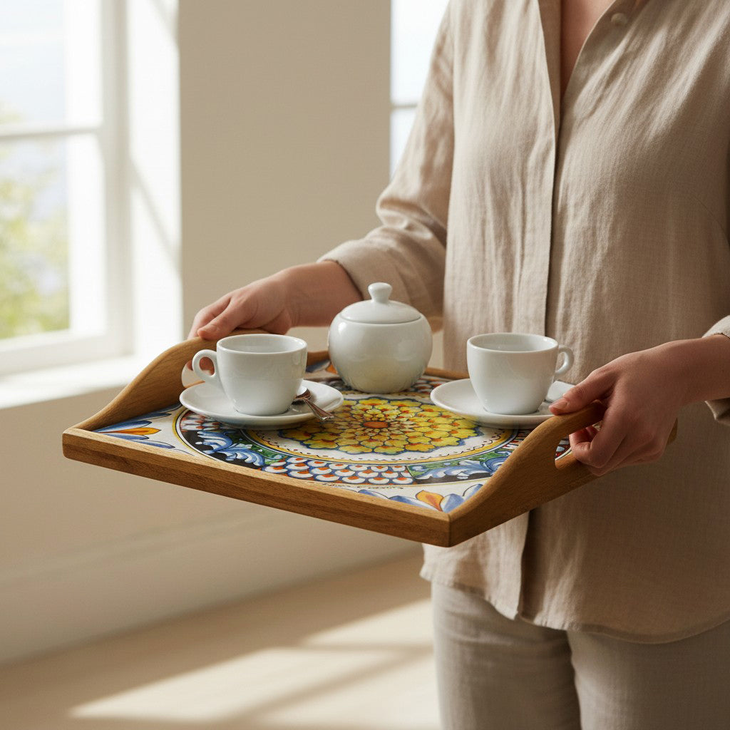 DERUTA ARTE TRAY: Wood Tray with Hand Painted Ceramic Tile Insert [Design DR10]