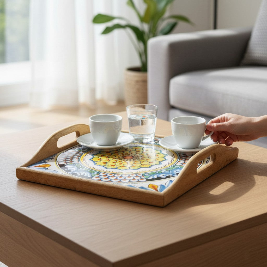DERUTA ARTE TRAY: Wood Tray with Hand Painted Ceramic Tile Insert [Design DR10]
