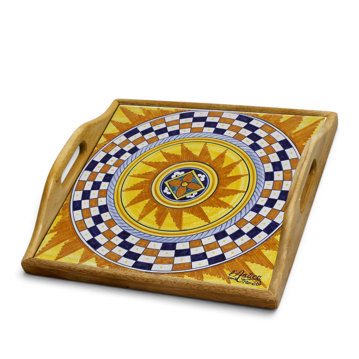 DERUTA ARTE TRAY: Wood Tray with Hand Painted Ceramic Tile Insert [Design DR13]