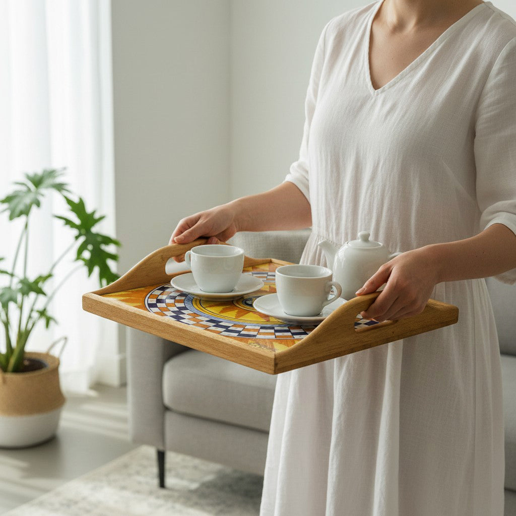 DERUTA ARTE TRAY: Wood Tray with Hand Painted Ceramic Tile Insert [Design DR13]