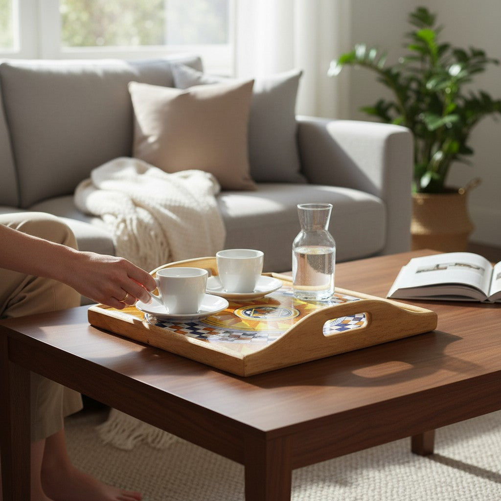DERUTA ARTE TRAY: Wood Tray with Hand Painted Ceramic Tile Insert [Design DR13]