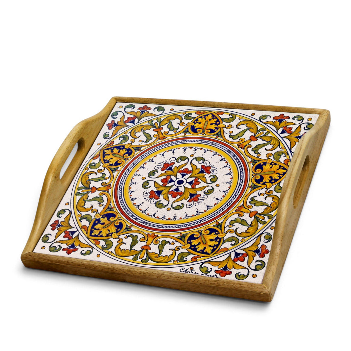 DERUTA ARTE TRAY: Wood Tray with Hand Painted Ceramic Tile Insert [Design DR14]