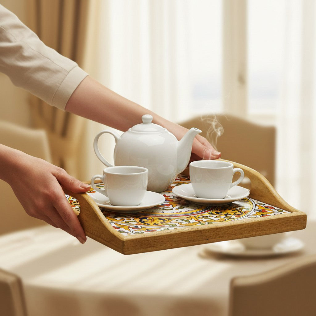 DERUTA ARTE TRAY: Wood Tray with Hand Painted Ceramic Tile Insert [Design DR14]