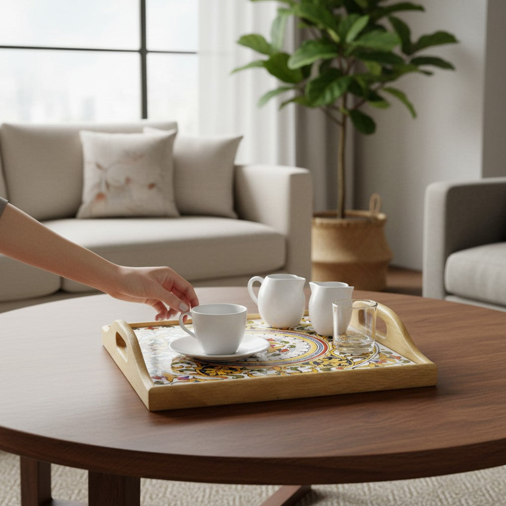DERUTA ARTE TRAY: Wood Tray with Hand Painted Ceramic Tile Insert [Design DR14]
