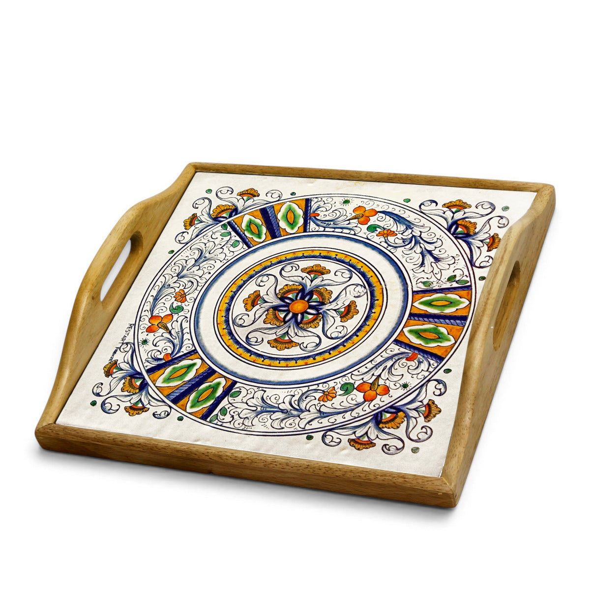 DERUTA ARTE TRAY: Wood Tray with Hand Painted Ceramic Tile Insert [Design DR16]