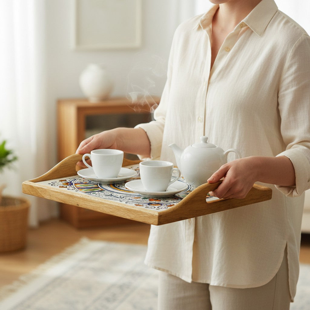 DERUTA ARTE TRAY: Wood Tray with Hand Painted Ceramic Tile Insert [Design DR16]