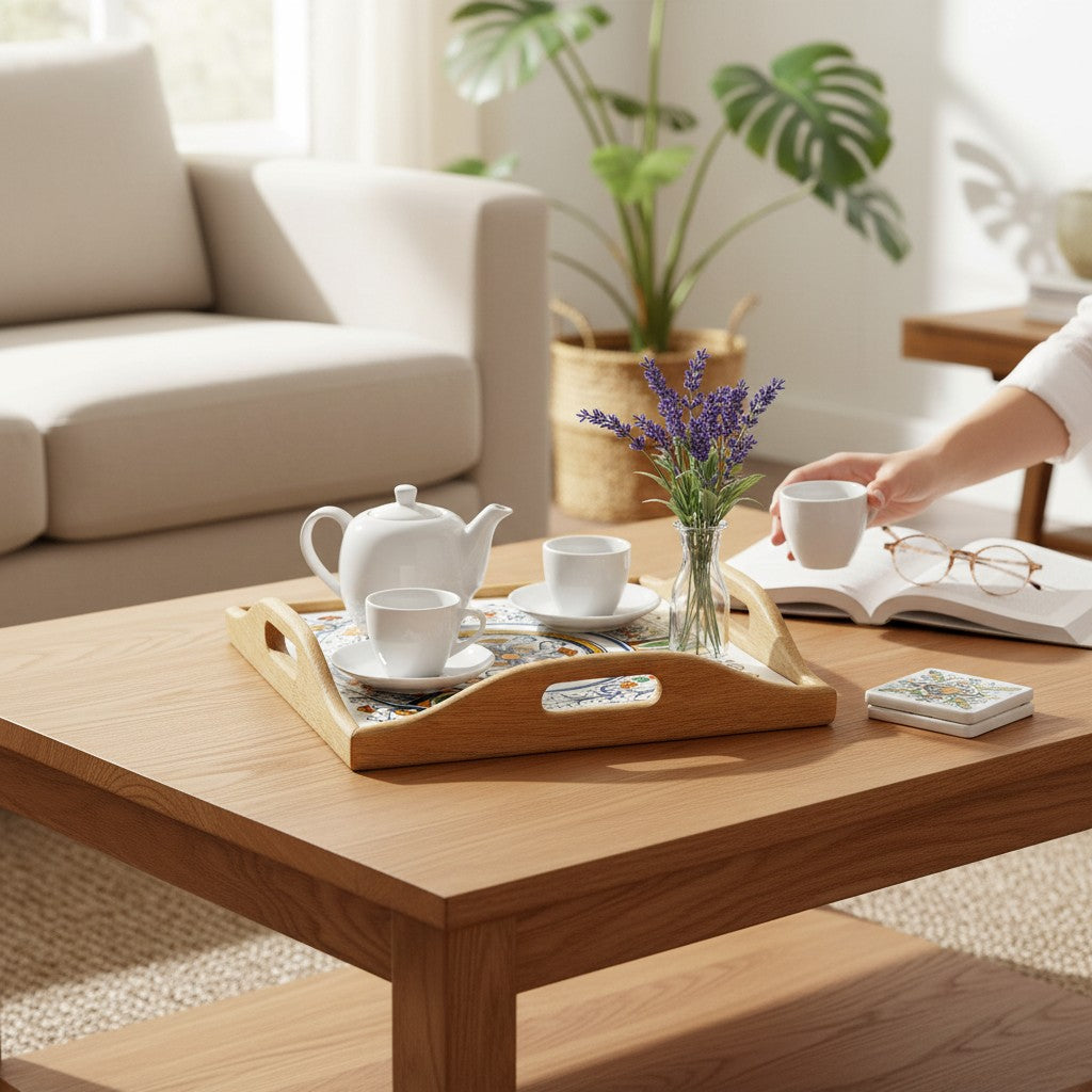 DERUTA ARTE TRAY: Wood Tray with Hand Painted Ceramic Tile Insert [Design DR16]