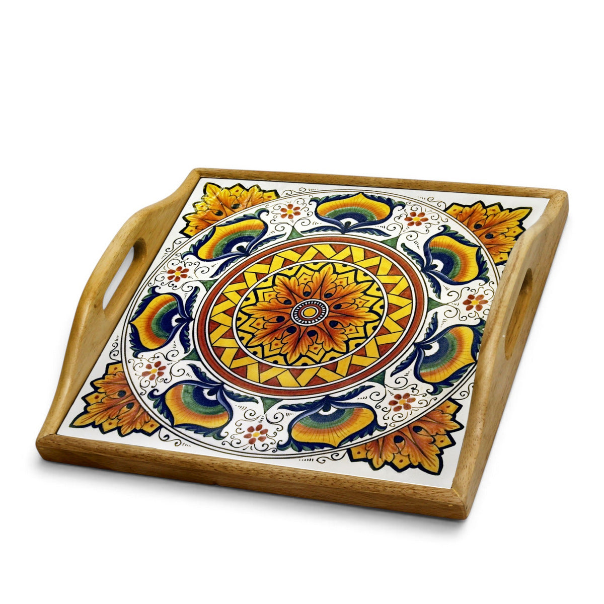 DERUTA ARTE TRAY: Wood Tray with Hand Painted Ceramic Tile Insert [Design DR17]