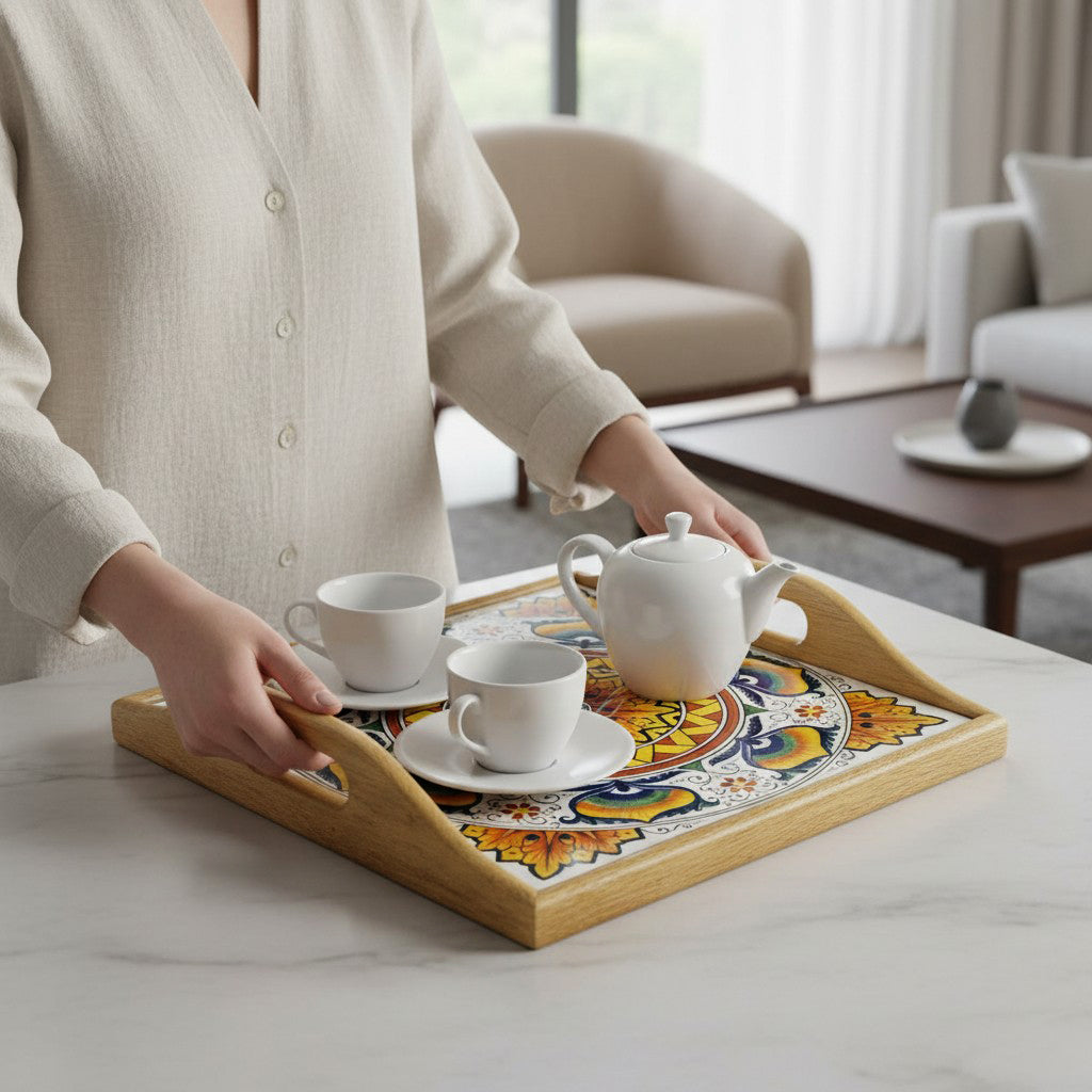 DERUTA ARTE TRAY: Wood Tray with Hand Painted Ceramic Tile Insert [Design DR17]