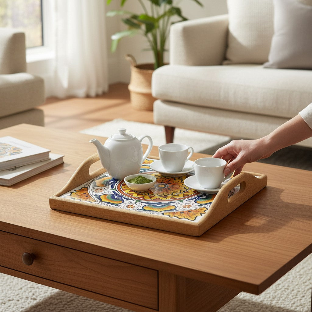 DERUTA ARTE TRAY: Wood Tray with Hand Painted Ceramic Tile Insert [Design DR17]