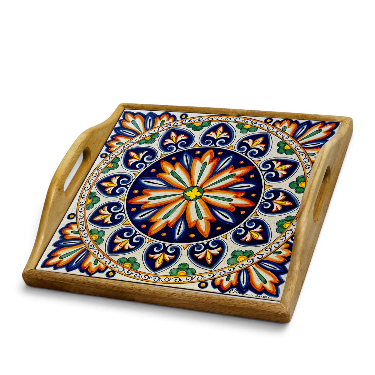 DERUTA ARTE TRAY: Wood Tray with Hand Painted Ceramic Tile Insert [Design DR18]