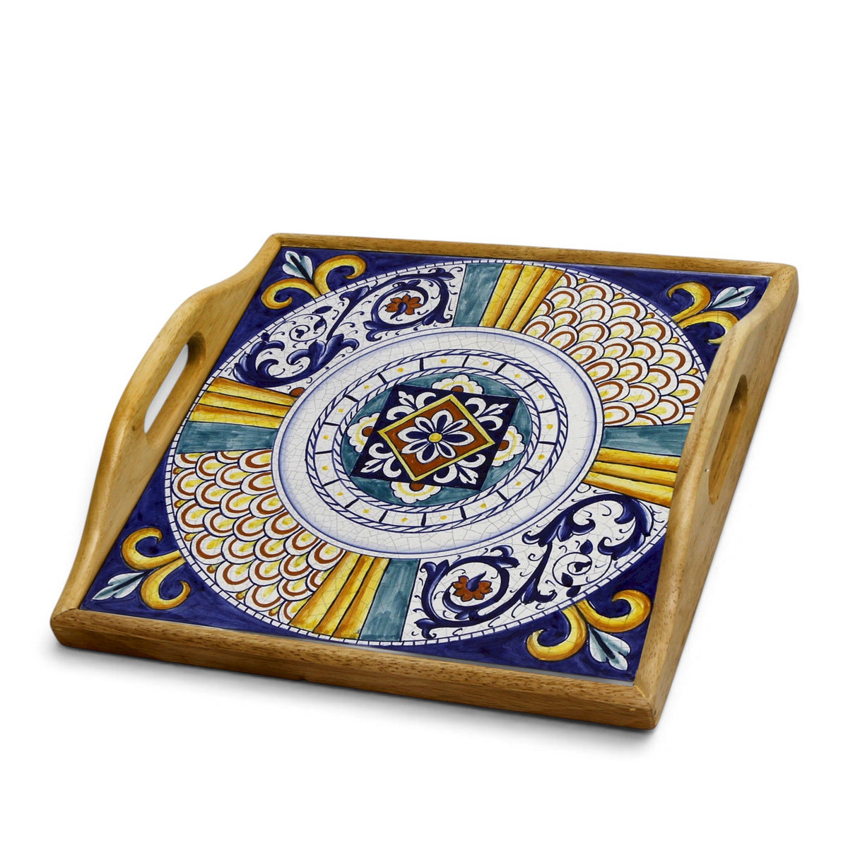 DERUTA ARTE TRAY: Wood Tray with Hand Painted Ceramic Tile Insert [Design DR19]