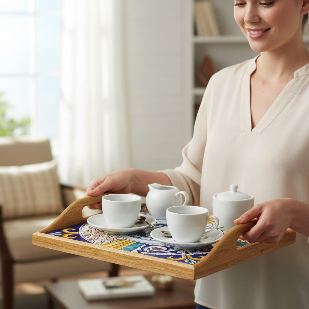 DERUTA ARTE TRAY: Wood Tray with Hand Painted Ceramic Tile Insert [Design DR19]